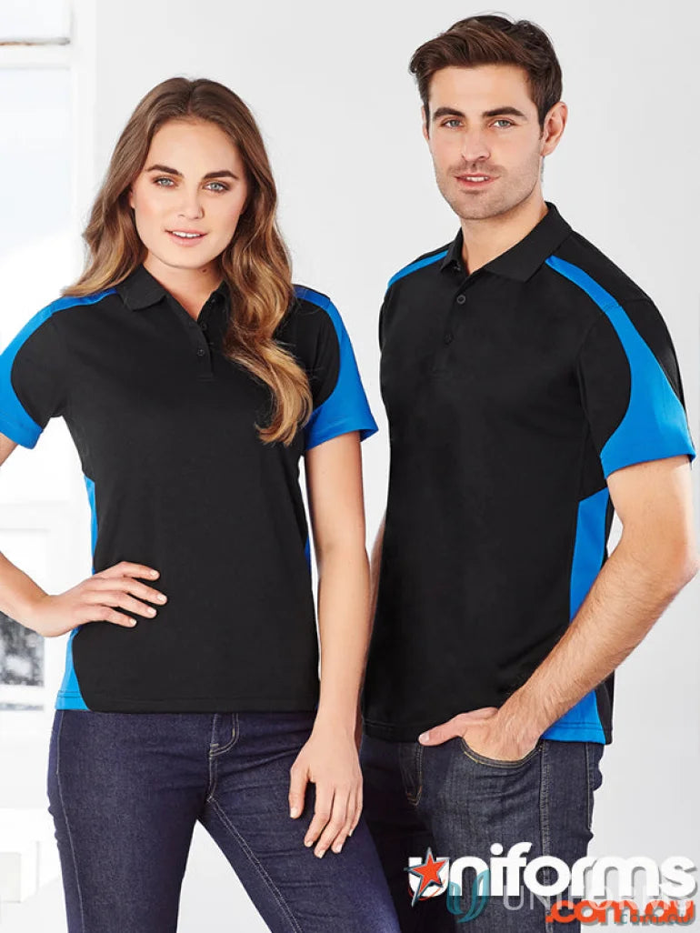 Matching black and blue Talon Polo shirts from the Biz Cool™ Collection Talon