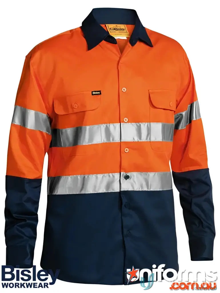 Orange and navy Blue work shirt with reflective stripes, two-button adjustable workwear