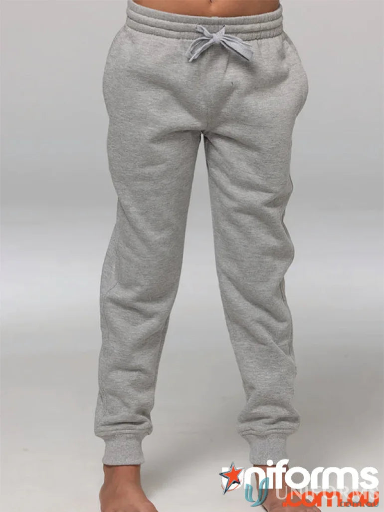 Gray tapered fleece kids pants with drawstring, perfect for uniforms or casual workwear