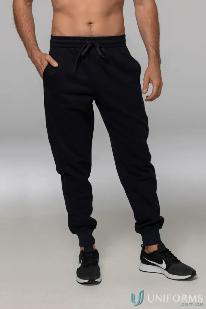 Black tapered fleece joggers with sneakers for a casual, comfy look
