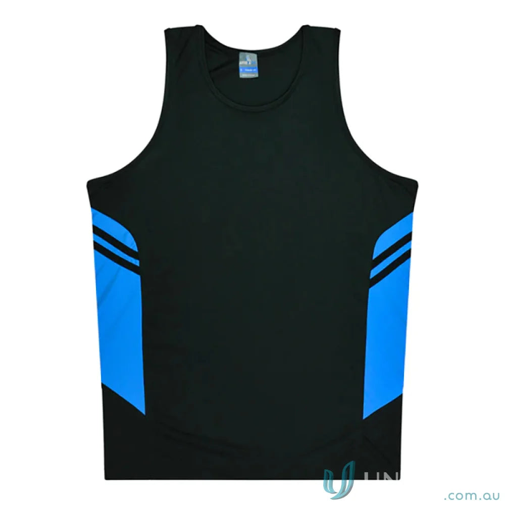 Black and blue Tasman Ladies Singlet athletic tank top with comfy fabric and stylish neck