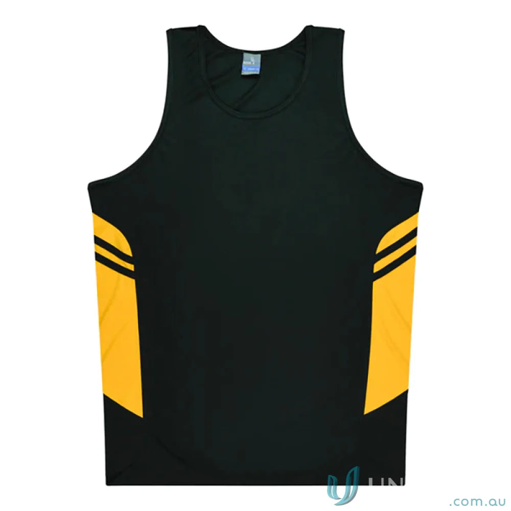 Black and gold Tasman Ladies Singlet athletic tank top made of comfy fabric with a sleek neck
