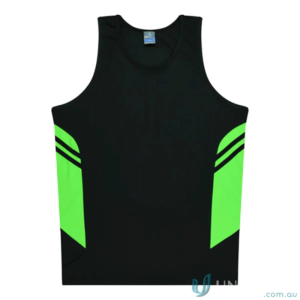 Black and green fabric Tasman Ladies Singlet with a comfy neck for sports uniforms