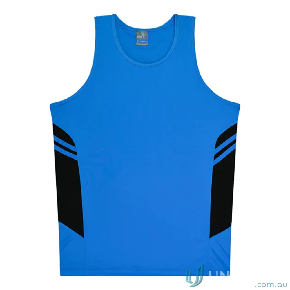 Tasman Ladies Singlet with blue and black fabric and stylish neck for sports uniforms