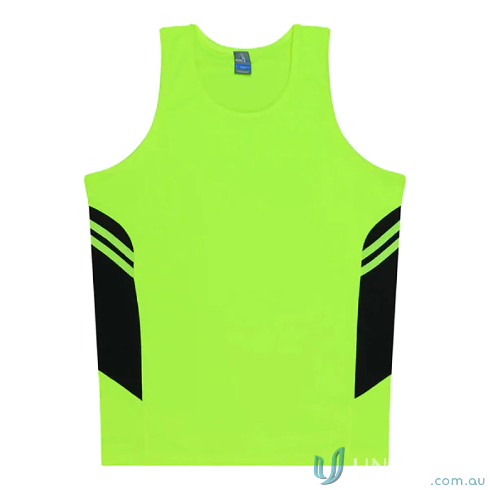 Neon green Tasman Ladies Singlet tank top with black side panels made from comfy fabric