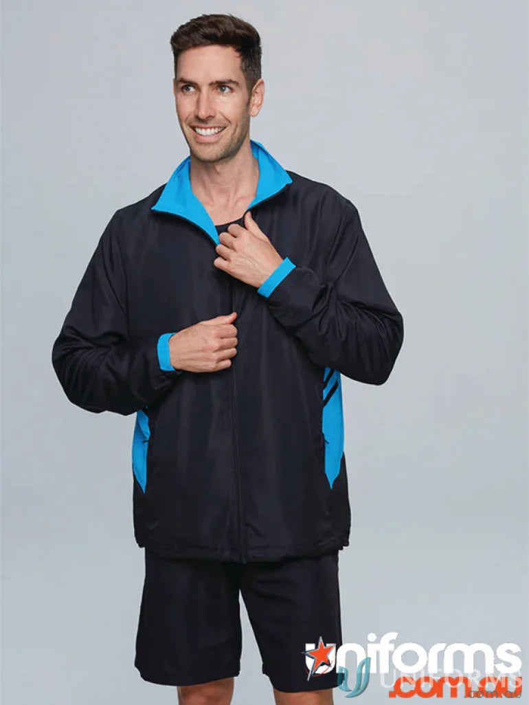 Black and blue athletic jacket and shorts from Tasman Mens Tracktops for workout uniforms