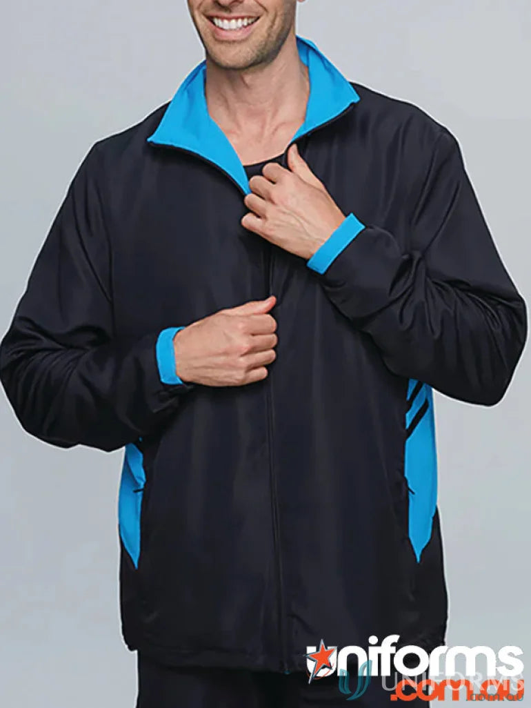 Black and blue athletic jacket from Tasman Mens Tracktops, perfect for casual work uniforms or activewear