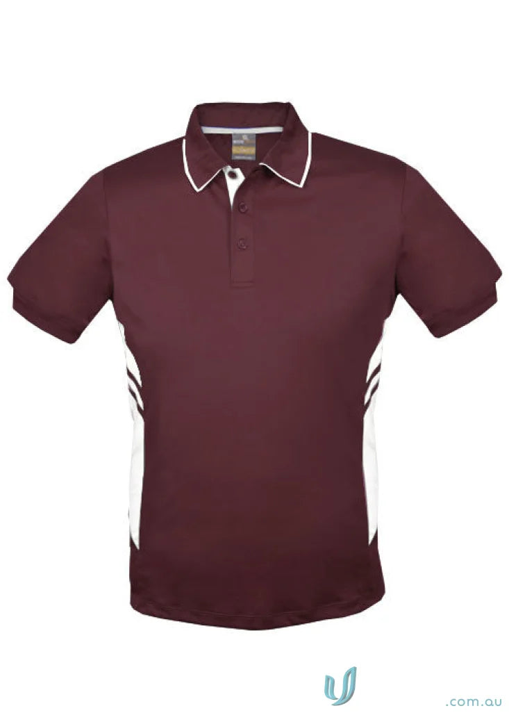 Maroon Tasman Polo shirt with white accents, perfect for uniforms or workwear