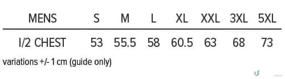 Men’s clothing size chart for Tasman Polo workwear and uniforms, perfect fit guide