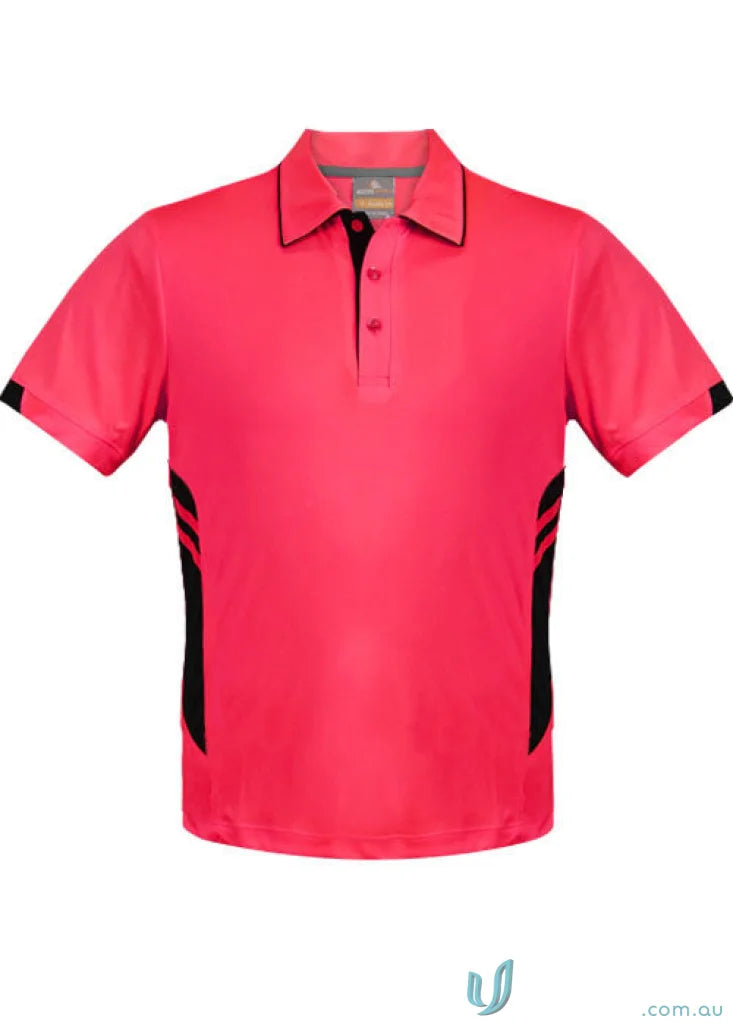 Pink Tasman Polo shirt with black accents perfect for uniforms or workwear style