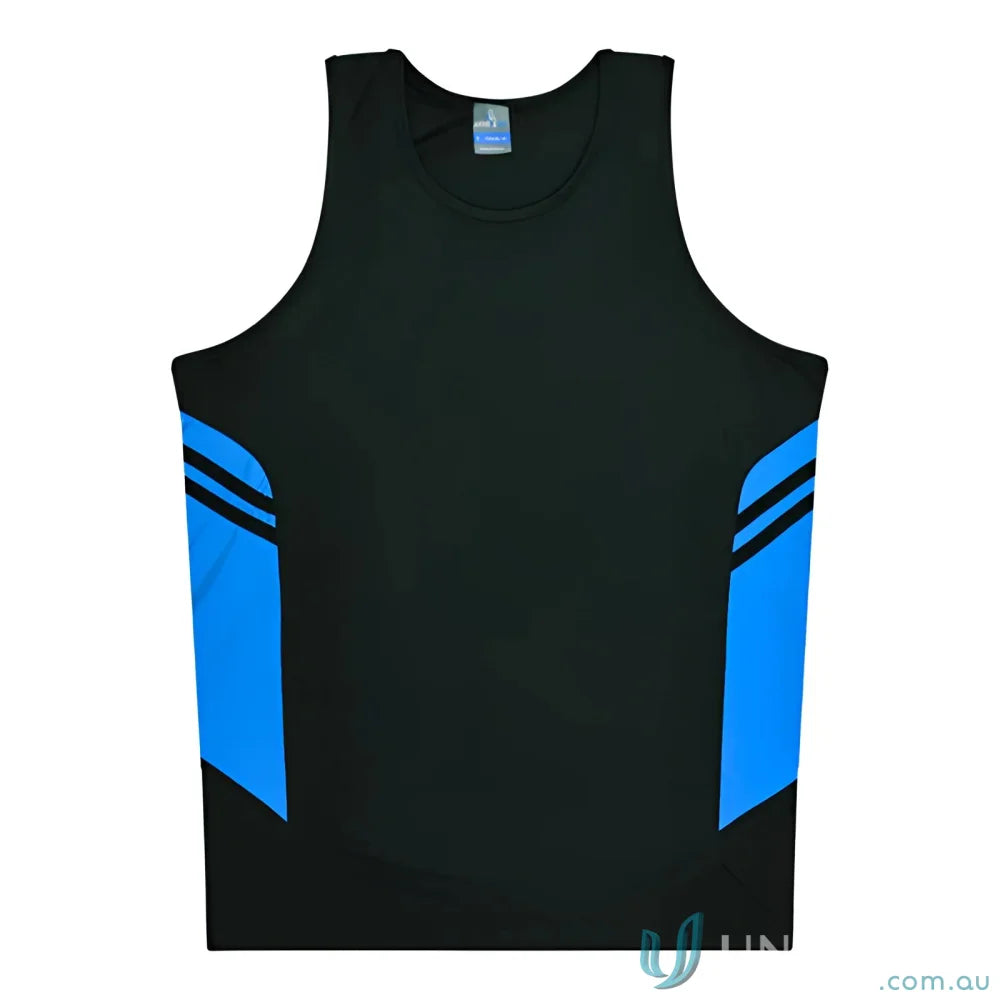 Black and blue Tasman Singlet athletic tank top for uniforms and workwear