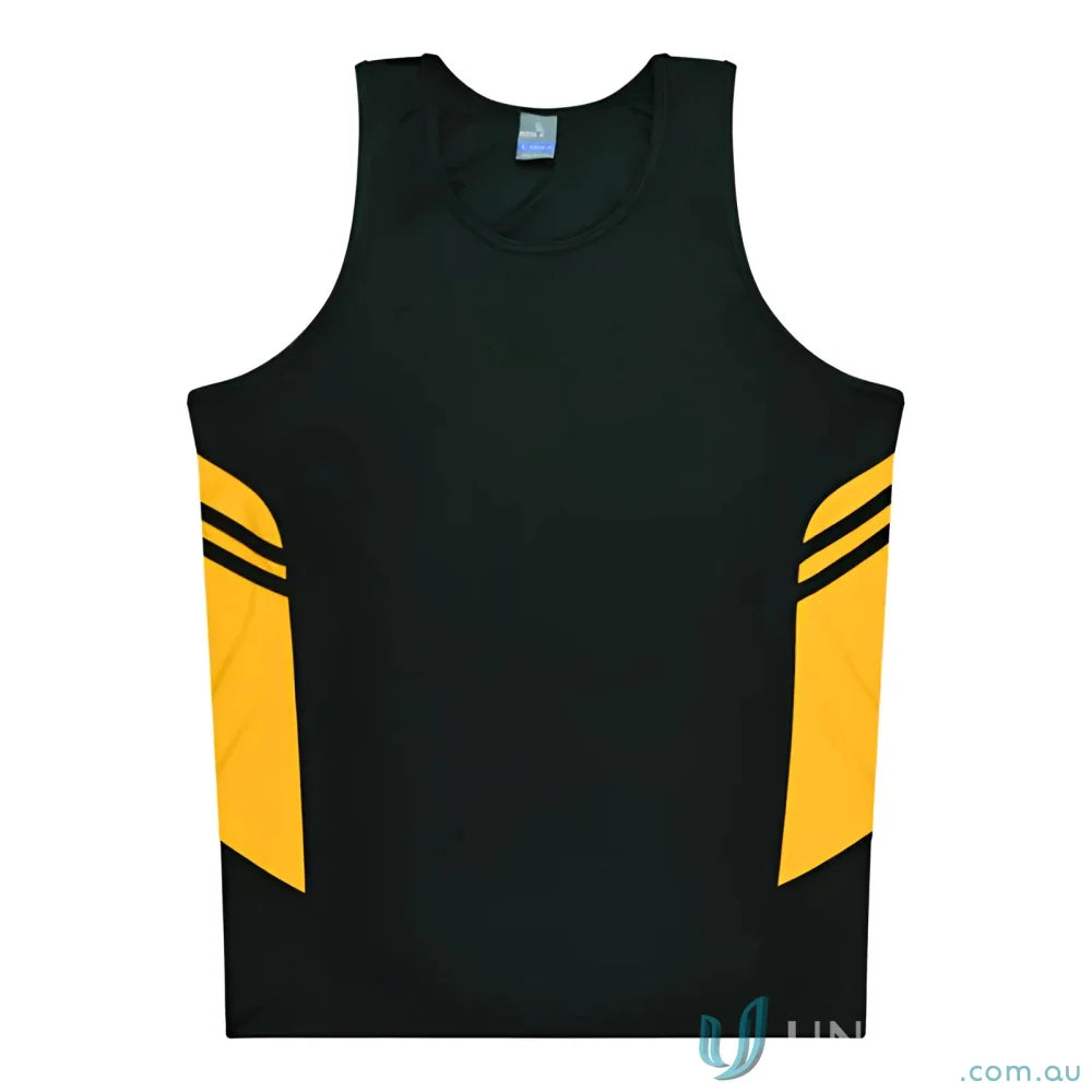 Black and gold Tasman Singlet athletic tank top perfect for uniforms and workwear
