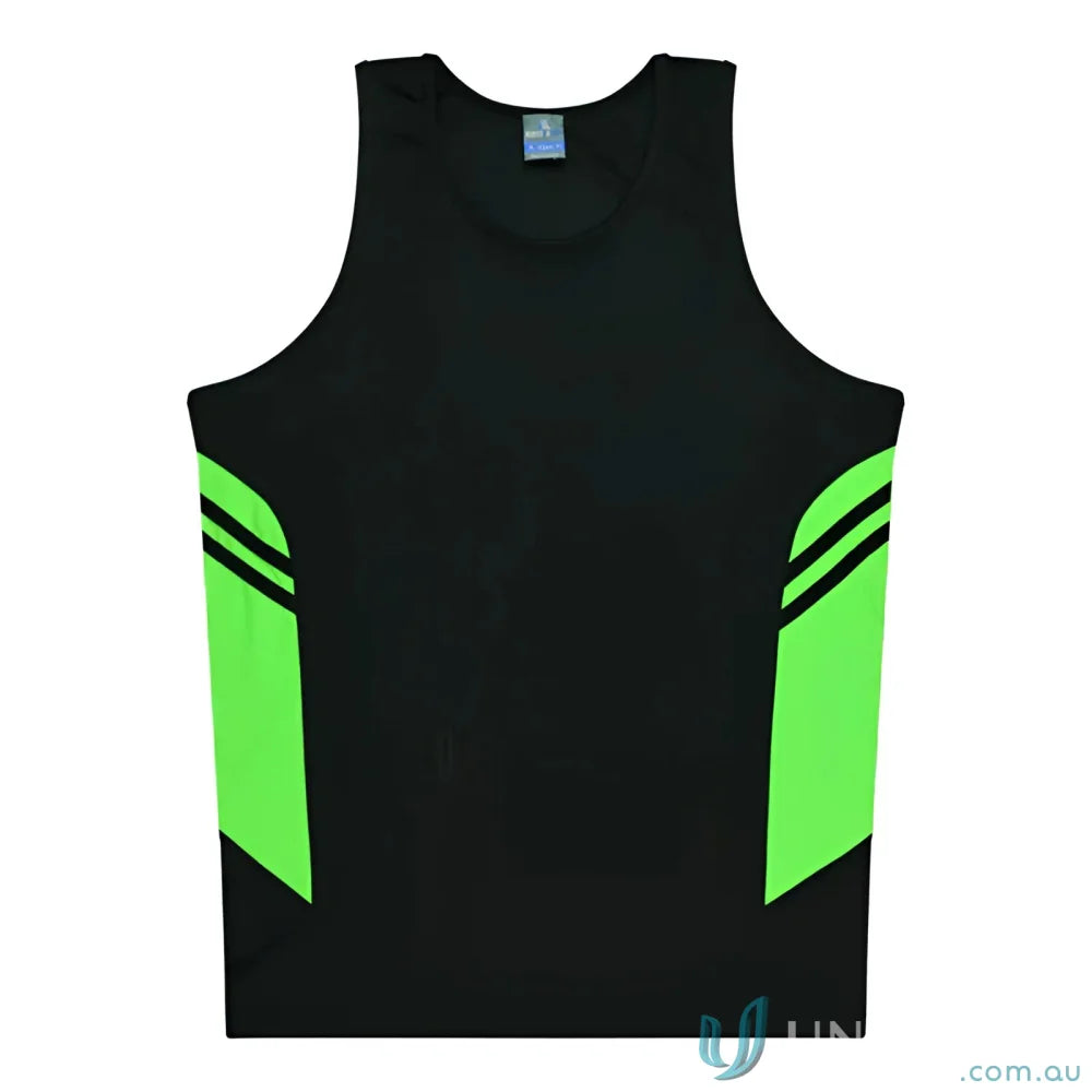 Black and green Tasman Singlet athletic tank top for uniforms or workwear