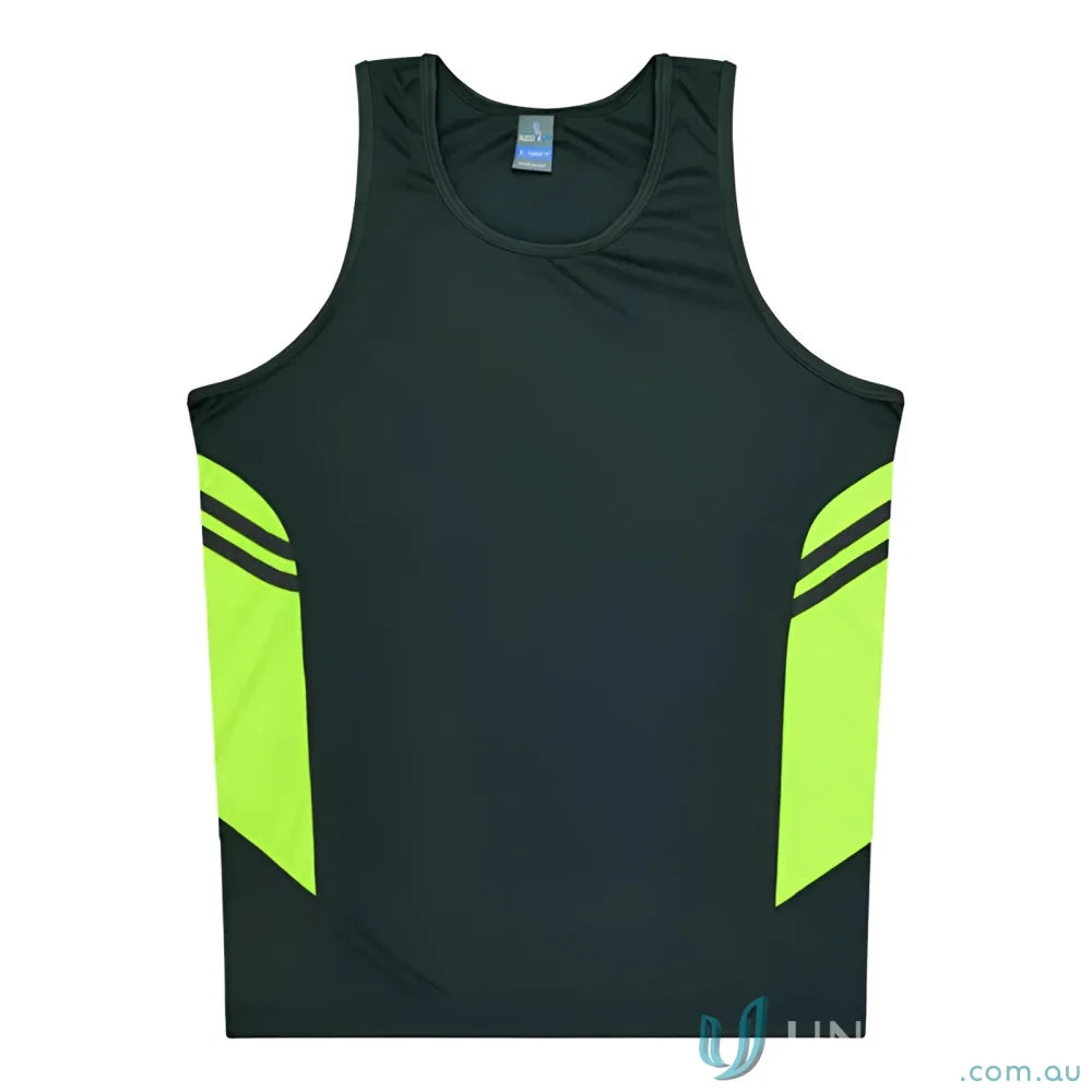 Tasman Singlet black and neon green athletic tank top for uniforms and workwear