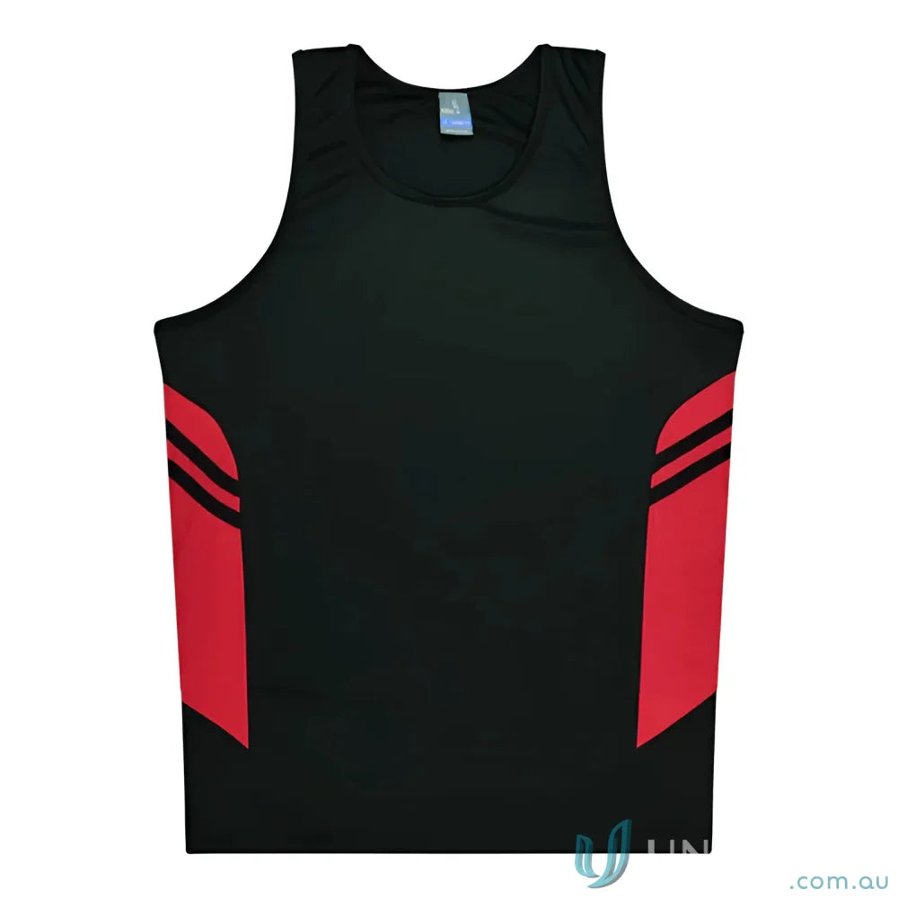 Tasman Singlet black and red athletic tank top ideal for uniforms or workwear