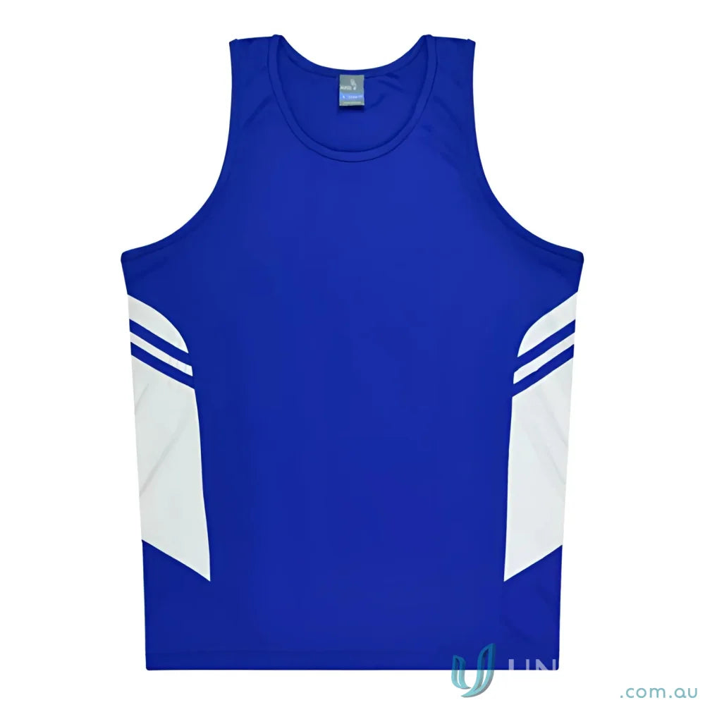 Blue and white Tasman Singlet for athletic uniforms or workwear, comfy and stylish