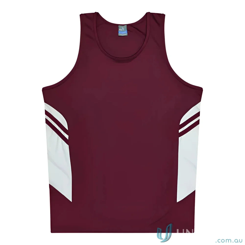 Maroon and white Tasman Singlet athletic tank top perfect for uniforms or workwear