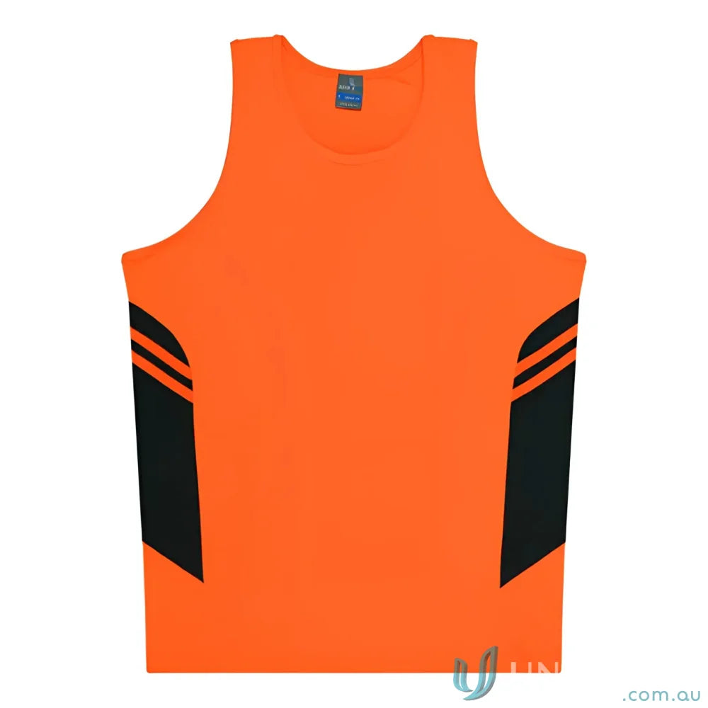 Orange and black Tasman Singlet athletic tank top perfect for sports uniforms and workwear