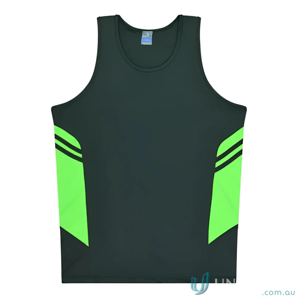 Tasman Singlet sleeveless athletic shirt with green side panels for uniforms or workwear