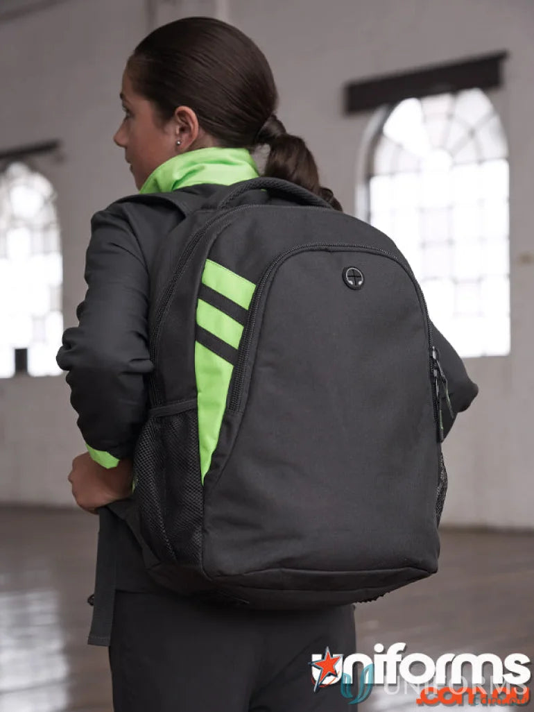 Tasman Sports Backpack with black and green accents, perfect for work uniforms or casual wear