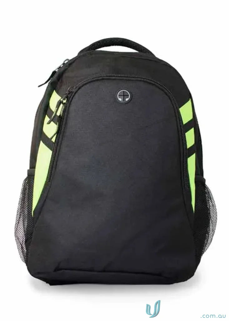 Tasman Sports Backpack black with neon green accents, perfect for work uniforms or casual wear