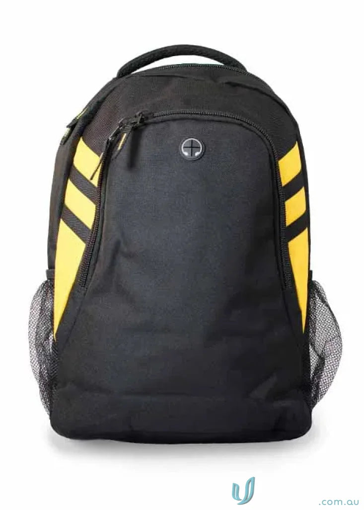 Black and yellow Tasman Sports Backpack perfect for workwear and uniforms