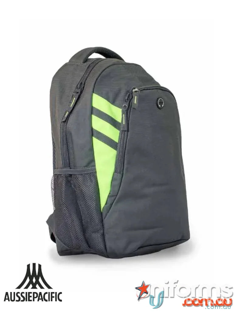 Tasman Sports Backpack with gray and lime green stripes perfect for workwear or uniforms