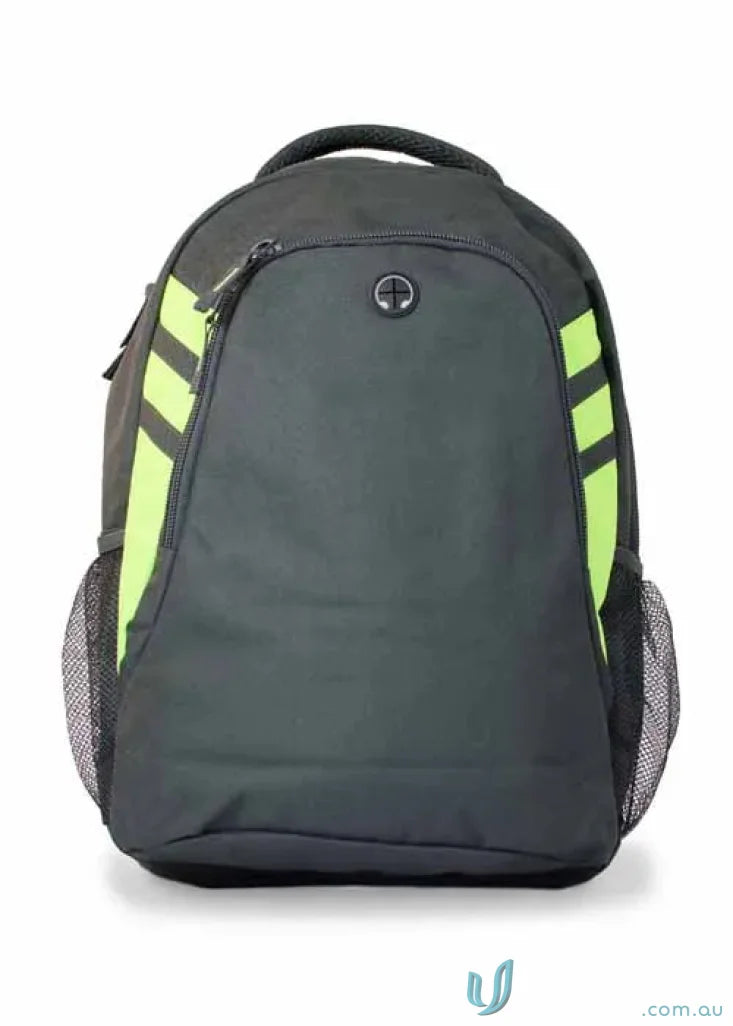 Gray Tasman Sports Backpack with neon green stripes, perfect for work uniforms or casual wear