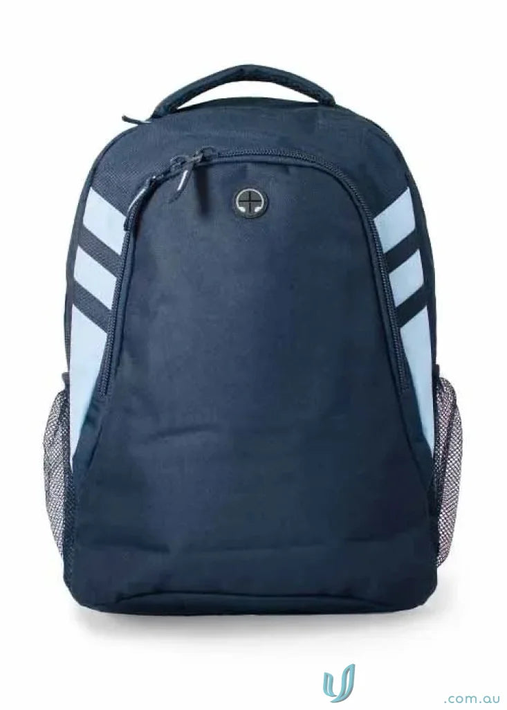 Navy blue Tasman Sports Backpack with light blue stripes, perfect for work uniforms