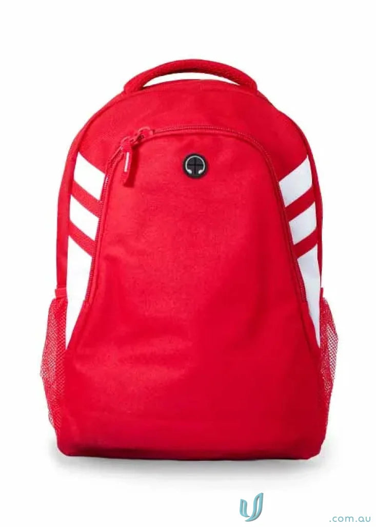 Red Tasman Sports Backpack with white stripes, great for uniforms and workwear on the go