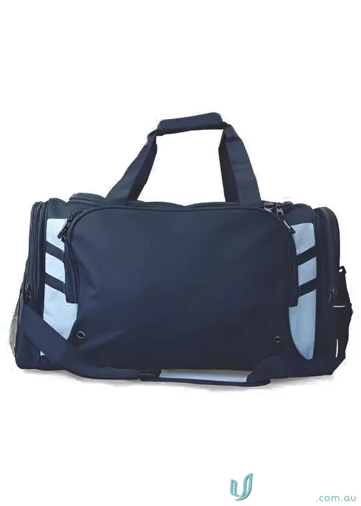 Navy blue Tasman Sports Bag with light blue stripes, perfect for uniforms or workwear