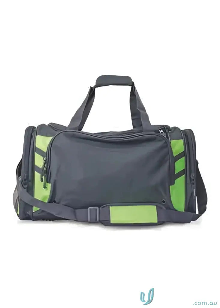 Gray and green Tasman Sports Bag perfect for uniforms and workwear storage