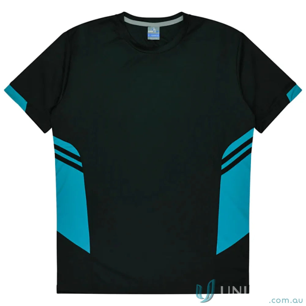 Tasman Tee black and teal athletic t-shirt made from comfy fabric for uniforms or workwear