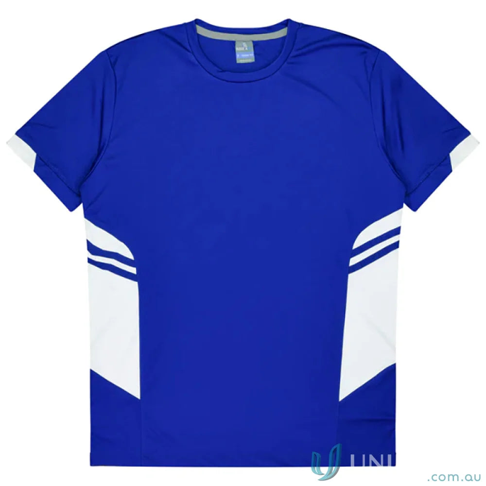 Blue and white Tasman Tee athletic shirt made from comfy fabric for uniforms and workwear