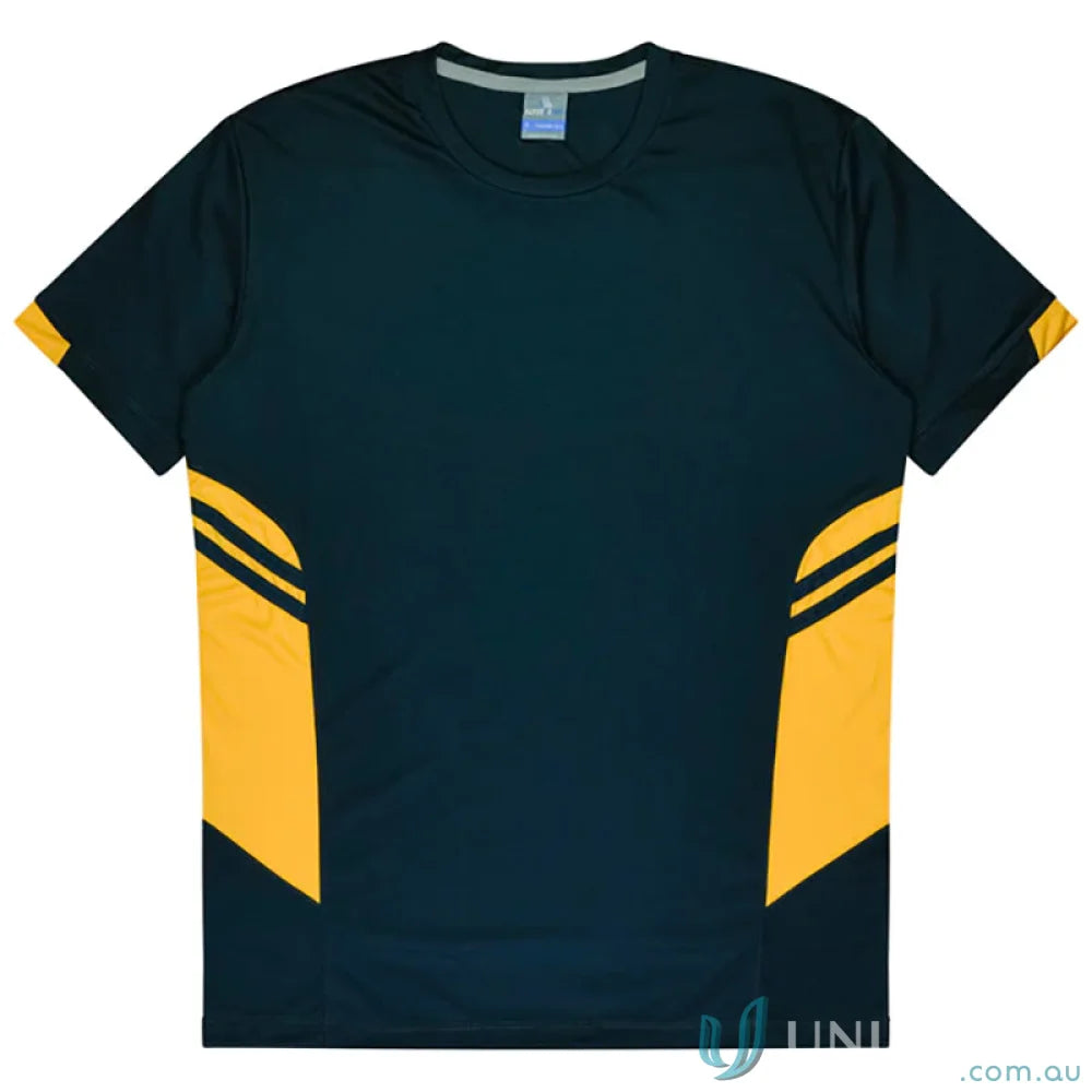 Dark blue and yellow Tasman Tee athletic shirt made from breathable fabric, perfect for uniforms or workwear