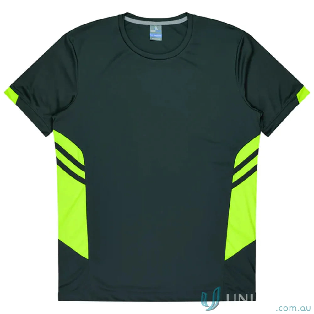 Tasman Tee dark gray neon green fabric perfect for uniforms and workwear