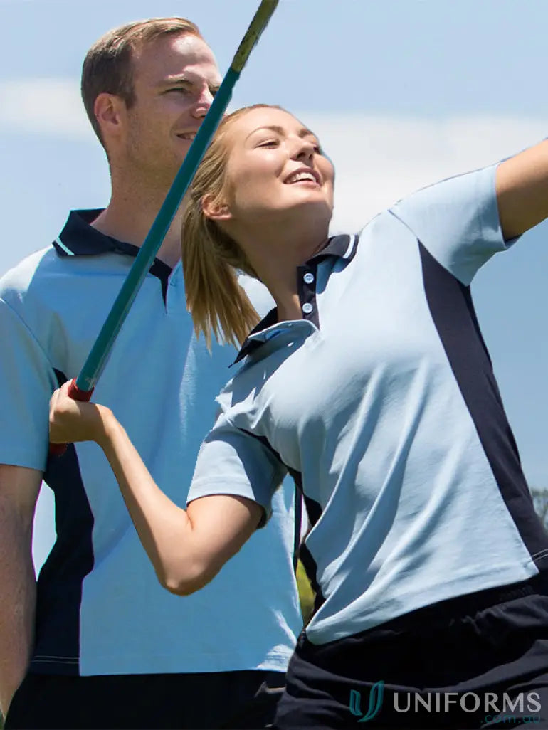 Two people wearing matching truedry contrast short short sleeve polos from Winning Spirit Team Mate Polo