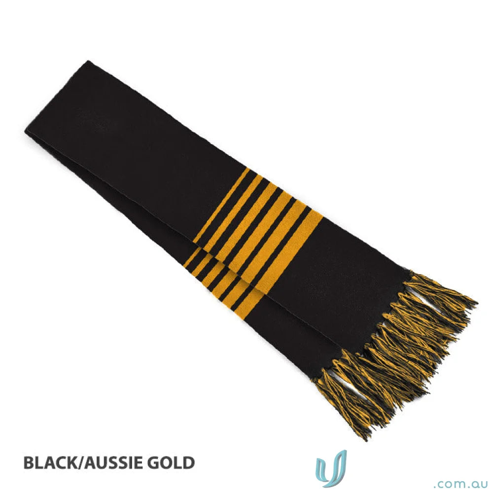 Black and gold striped scarf with tassels, perfect for team uniforms or workwear style