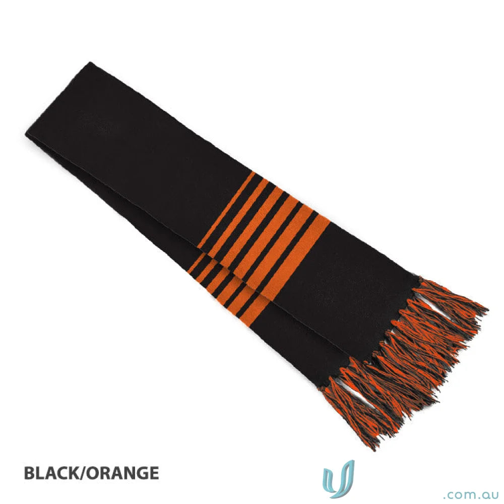 Black and orange striped scarf with fringe from Team Scarf, perfect for uniforms or workwear