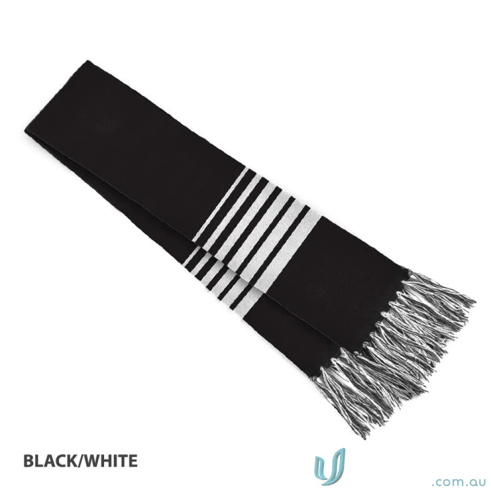 Black and white striped scarf with fringe perfect for team uniforms or workwear style
