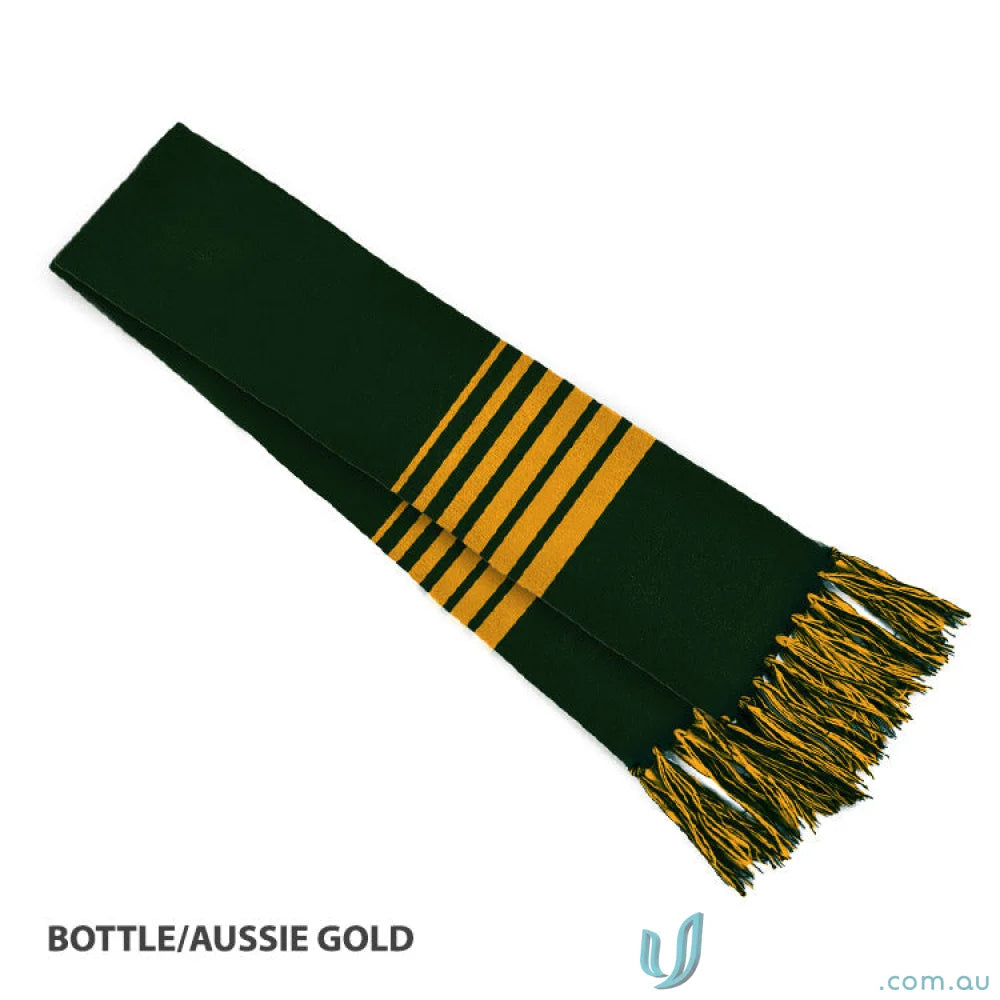 Green and gold striped scarf with tassels from Team Scarf, perfect for uniforms or workwear