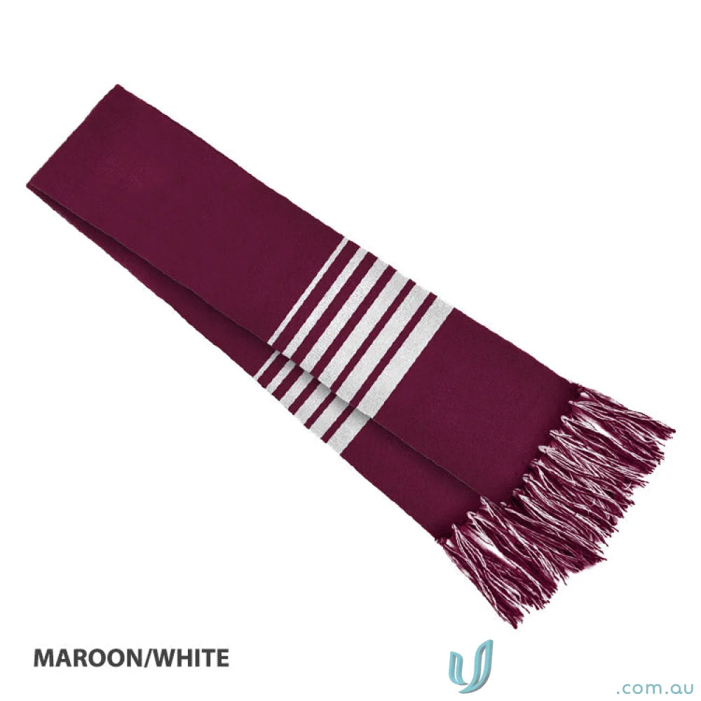 Maroon and white striped scarf with fringe suitable for team uniforms or workwear