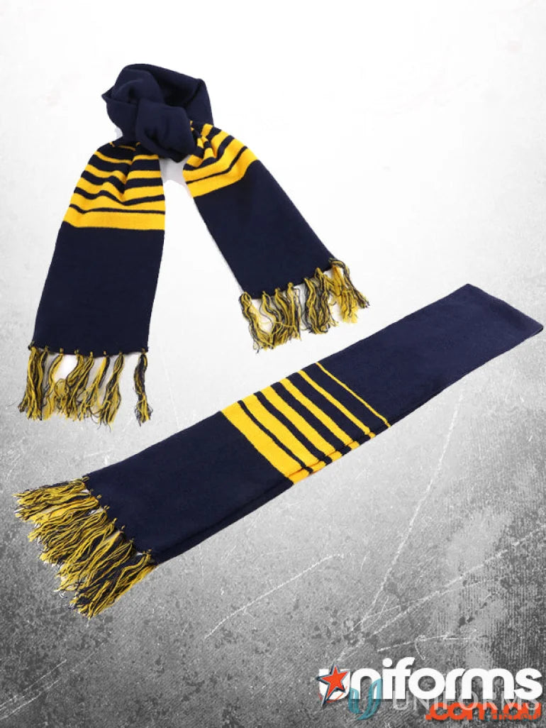 Navy and gold striped Team Scarf with fringe, perfect for team uniforms or workwear