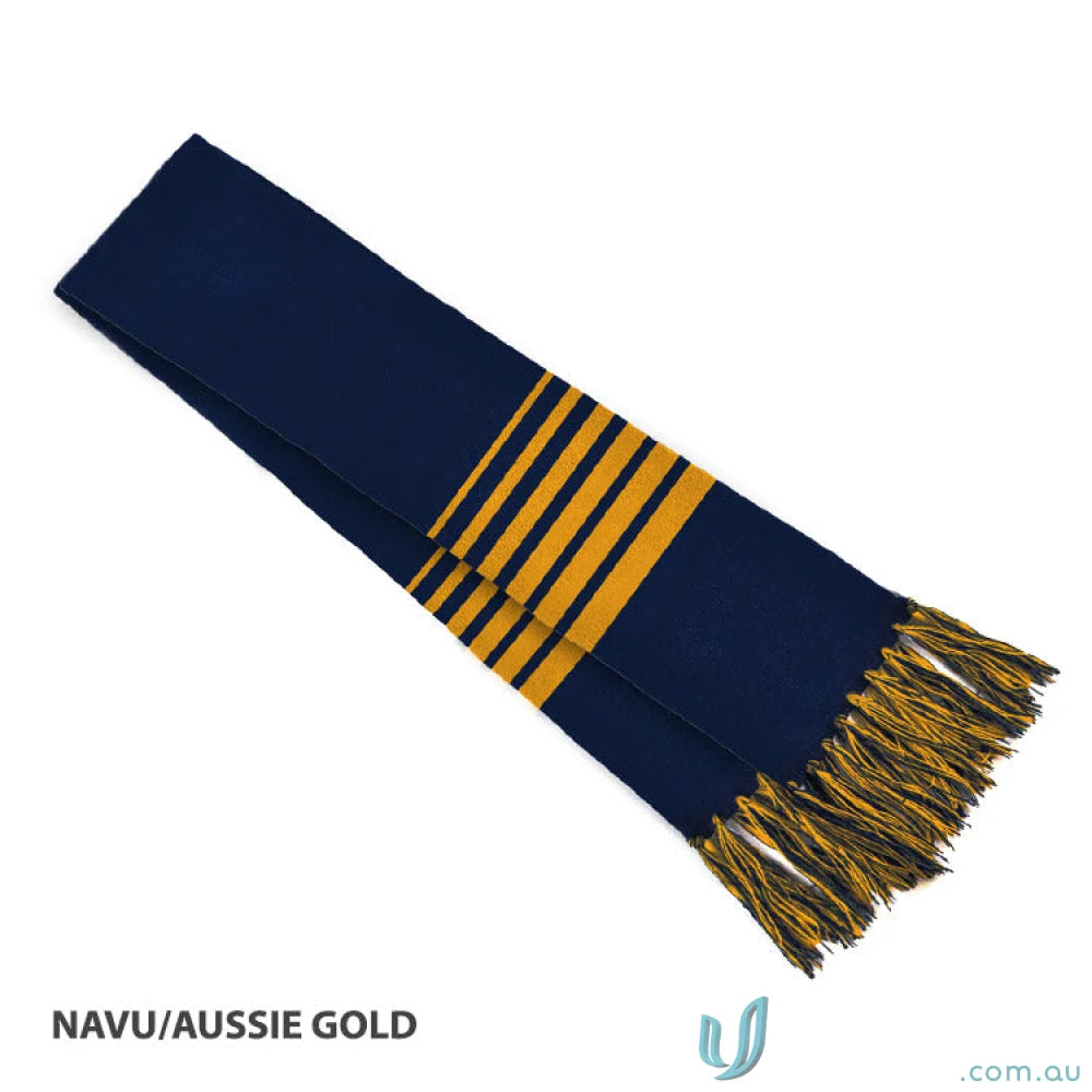 Navy and gold striped scarf with tassels perfect for Team Scarf work uniforms