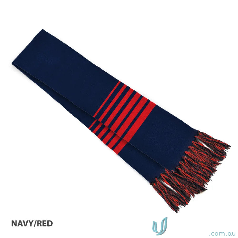 Navy and red striped scarf with tassels perfect for work uniforms or casual uniforms