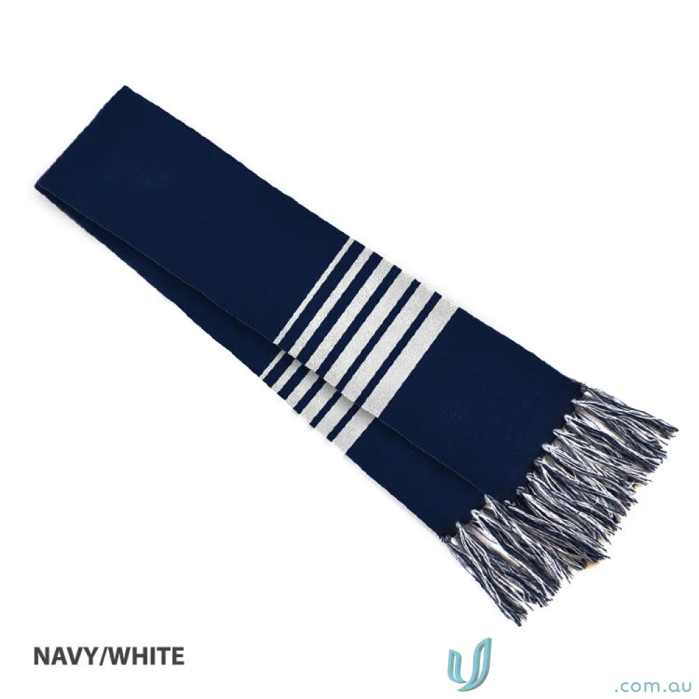 Navy and white striped scarf with fringe, perfect for team work uniforms or workwear