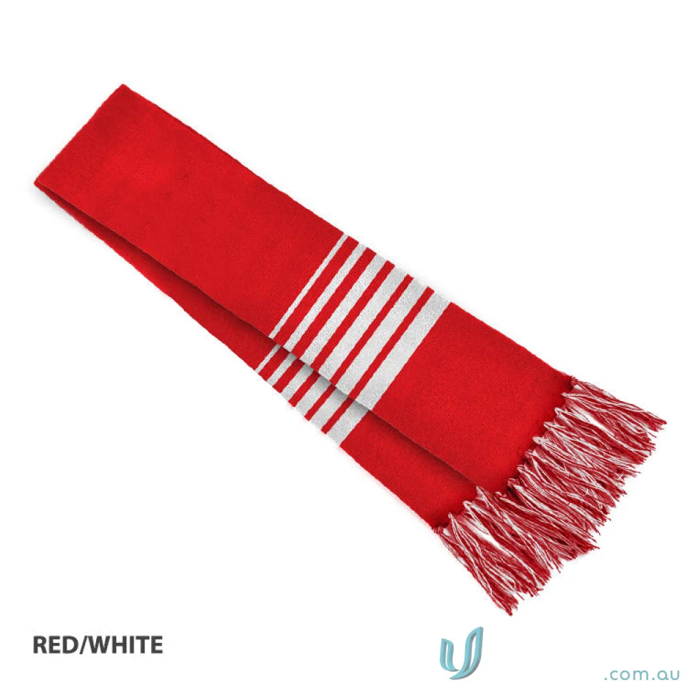 Red and white striped Team Scarf with fringe, perfect for uniforms or workwear casuals