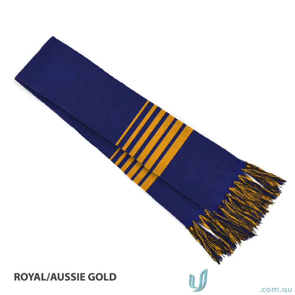 Royal blue and gold striped scarf with tassels, perfect for team uniforms or workwear