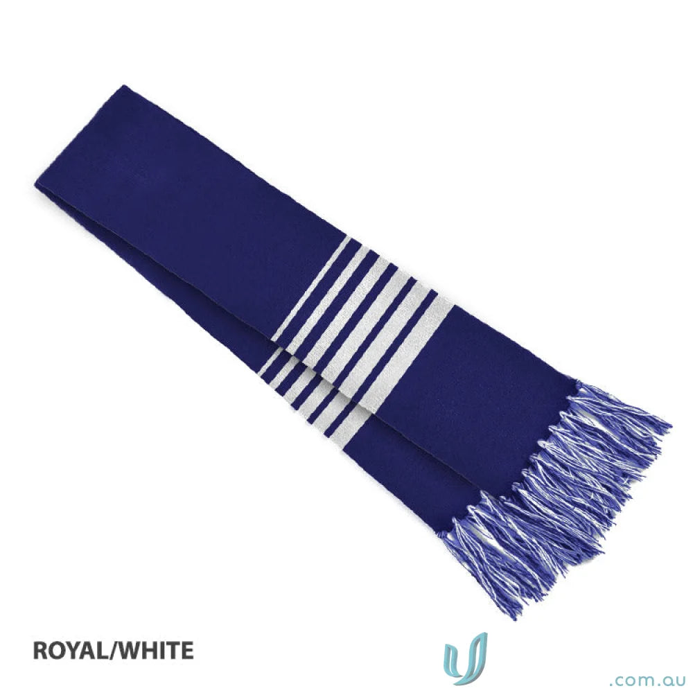 Royal blue and white striped scarf with fringe, perfect for team uniforms or workwear