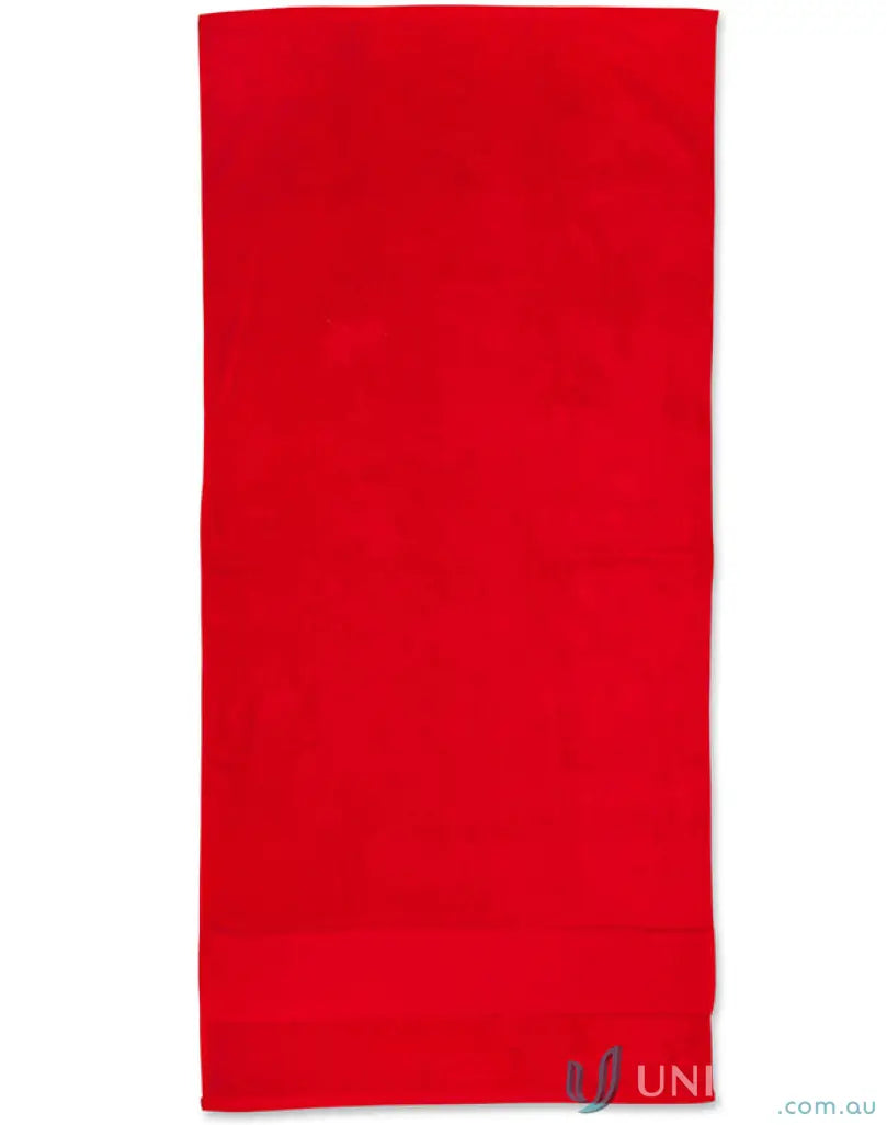 Red rectangular terry velour beach towel for summer, perfect spirit terry velour vibe